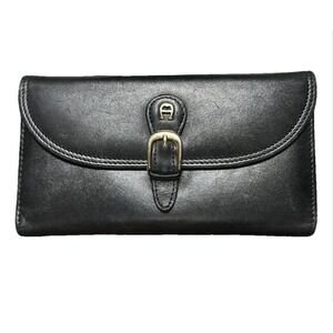 Etienne Aigner Black Leather Wallet Clutch Buckle Snap‎ Closure